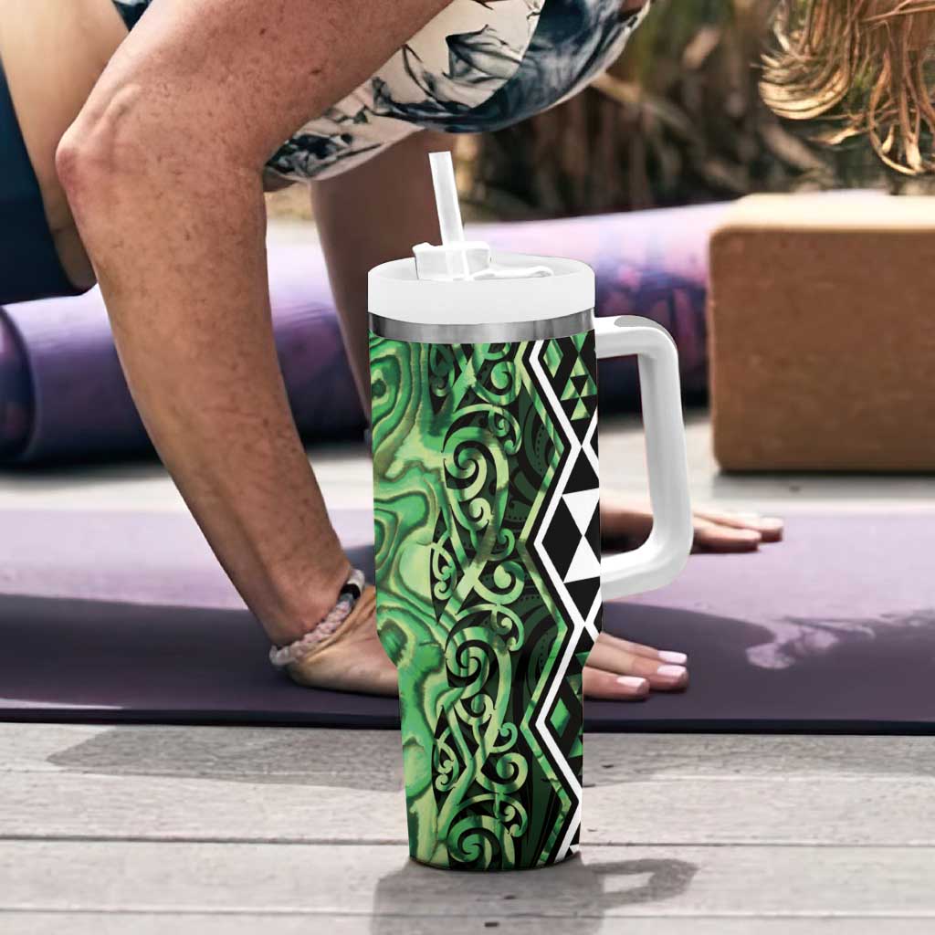 Green Aotearoa Tumbler With Handle Taniko Motifs With Paua Shell Kowhaiwhai LT14 - Polynesian Pride