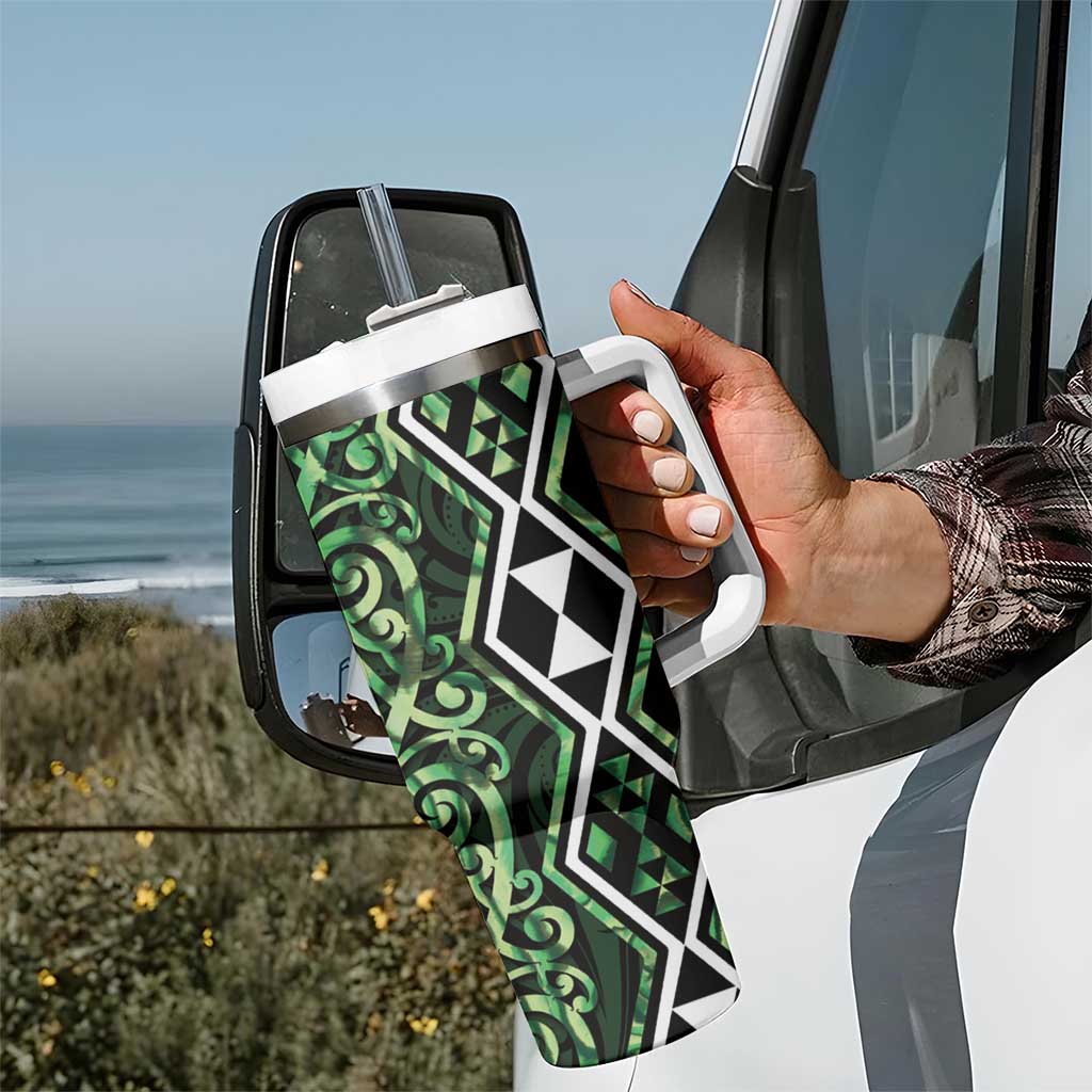 Green Aotearoa Tumbler With Handle Taniko Motifs With Paua Shell Kowhaiwhai LT14 - Polynesian Pride