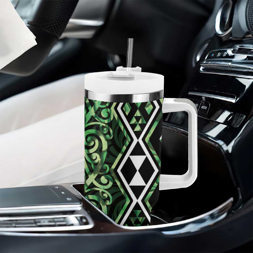Green Aotearoa Tumbler With Handle Taniko Motifs With Paua Shell Kowhaiwhai LT14 - Polynesian Pride