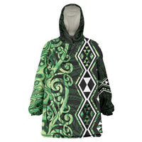 Green Aotearoa Wearable Blanket Hoodie Taniko Motifs With Paua Shell Kowhaiwhai LT14 One Size Green - Polynesian Pride