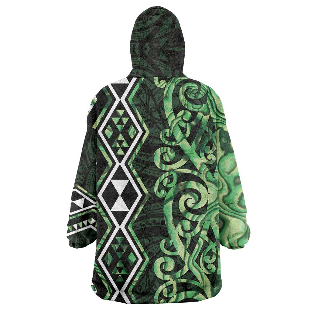 Green Aotearoa Wearable Blanket Hoodie Taniko Motifs With Paua Shell Kowhaiwhai LT14 - Polynesian Pride