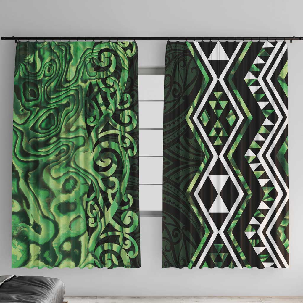 Green Aotearoa Window Curtain Taniko Motifs With Paua Shell Kowhaiwhai LT14 With Hooks Green - Polynesian Pride