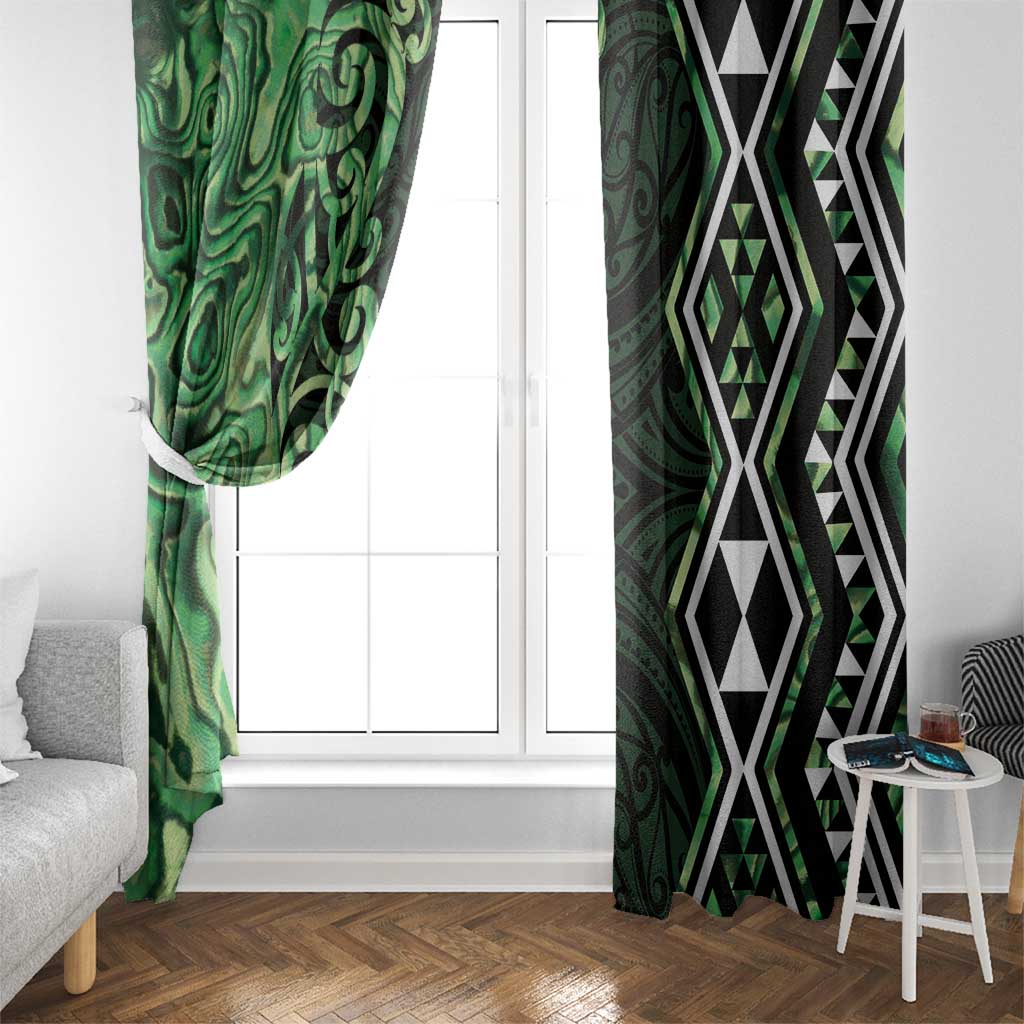 Green Aotearoa Window Curtain Taniko Motifs With Paua Shell Kowhaiwhai LT14 - Polynesian Pride