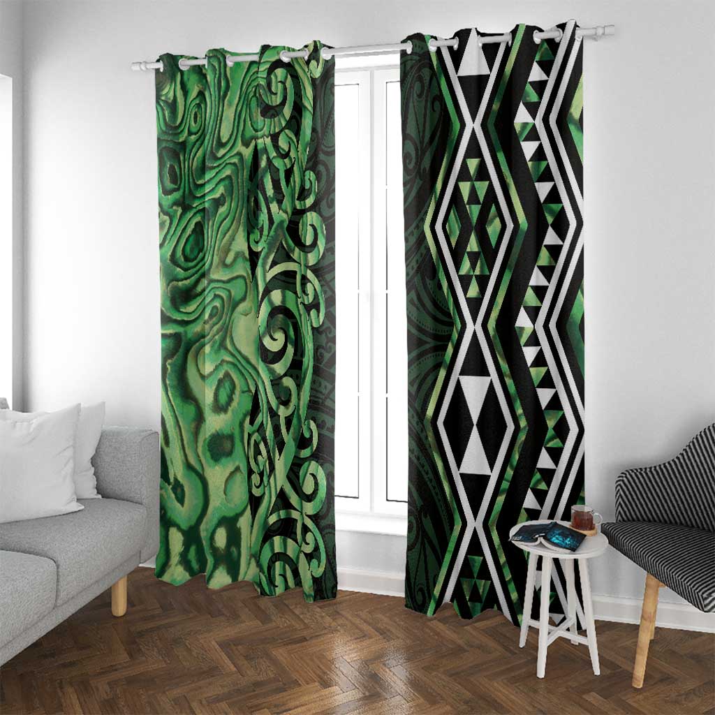 Green Aotearoa Window Curtain Taniko Motifs With Paua Shell Kowhaiwhai LT14 With Grommets Green - Polynesian Pride