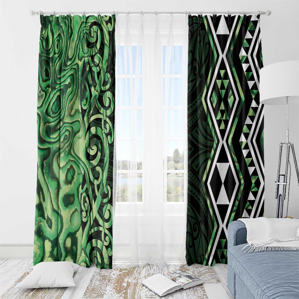Green Aotearoa Window Curtain Taniko Motifs With Paua Shell Kowhaiwhai LT14 - Polynesian Pride