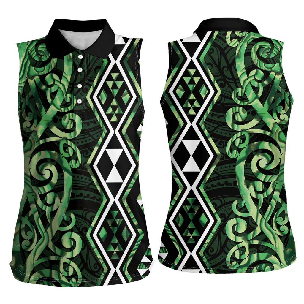 Green Aotearoa Women Sleeveless Polo Shirt Taniko Motifs With Paua Shell Kowhaiwhai