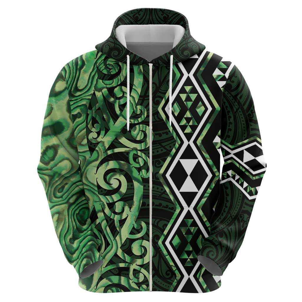 Green Aotearoa Zip Hoodie Taniko Motifs With Paua Shell Kowhaiwhai