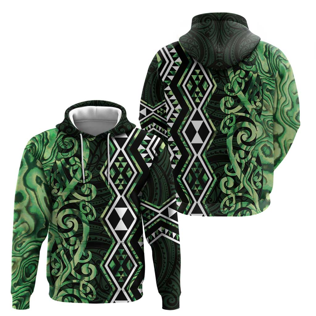 Green Aotearoa Zip Hoodie Taniko Motifs With Paua Shell Kowhaiwhai