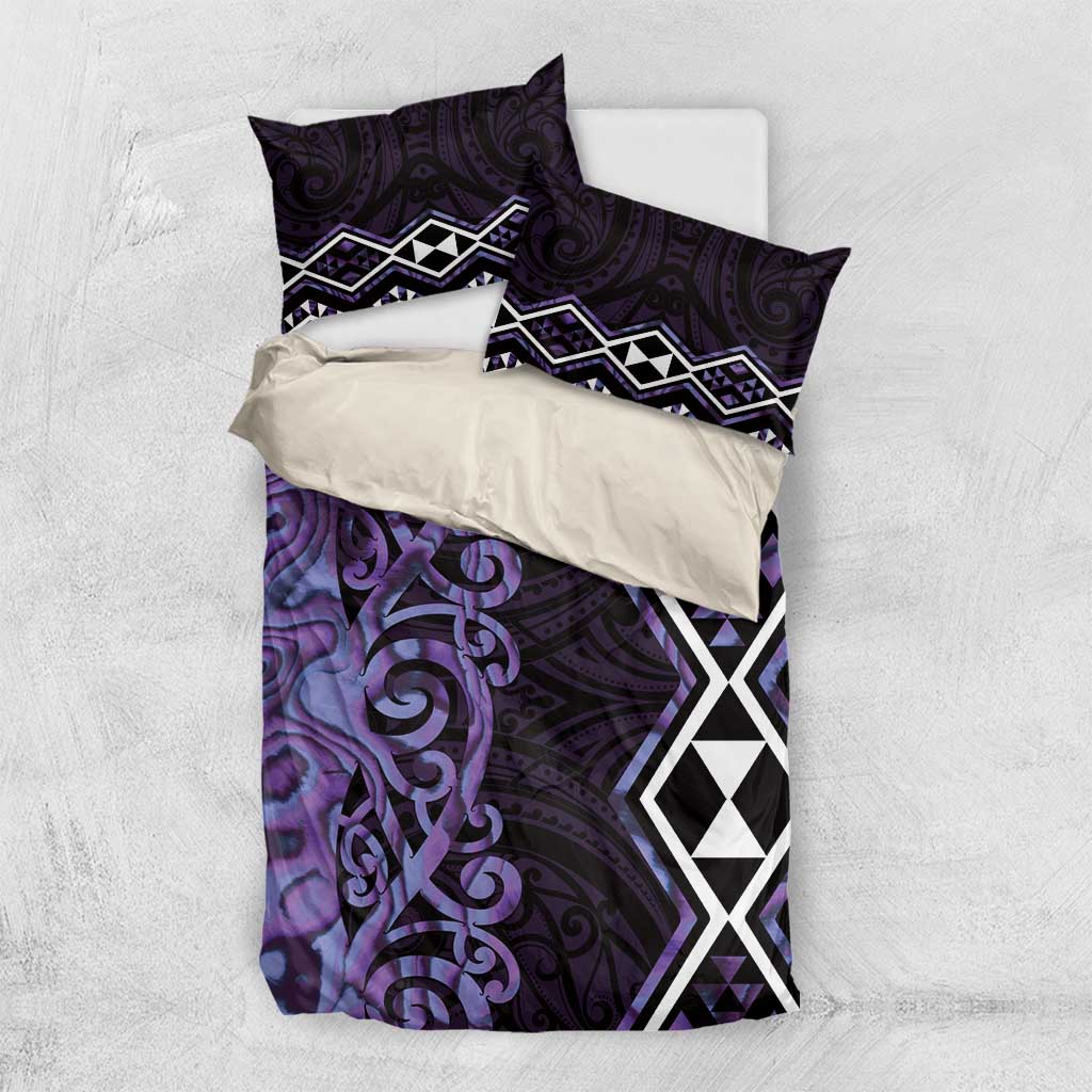 Purple Aotearoa Bedding Set Taniko Motifs With Paua Shell Kowhaiwhai