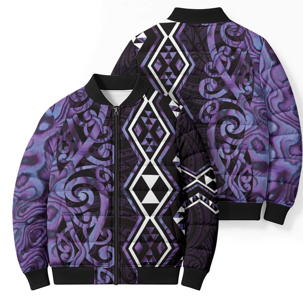 Purple Aotearoa Bomber Puffer Jacket Taniko Motifs With Paua Shell Kowhaiwhai - Polynesian Pride