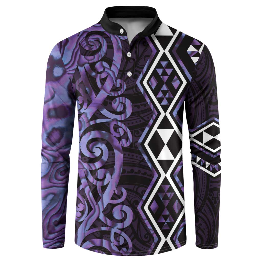 Purple Aotearoa Button Sweatshirt Taniko Motifs With Paua Shell Kowhaiwhai LT14 Purple - Polynesian Pride