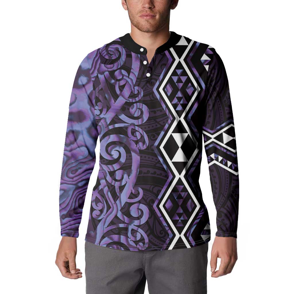 Purple Aotearoa Button Sweatshirt Taniko Motifs With Paua Shell Kowhaiwhai