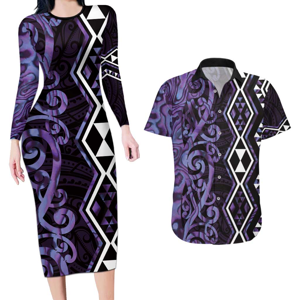 Purple Aotearoa Couples Matching Long Sleeve Bodycon Dress and Hawaiian Shirt Taniko Motifs With Paua Shell Kowhaiwhai