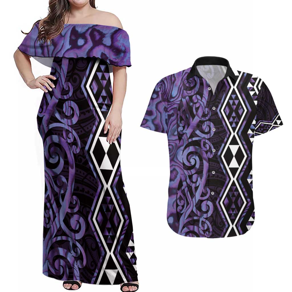 Purple Aotearoa Couples Matching Off Shoulder Maxi Dress and Hawaiian Shirt Taniko Motifs With Paua Shell Kowhaiwhai