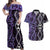 Purple Aotearoa Couples Matching Off Shoulder Maxi Dress and Hawaiian Shirt Taniko Motifs With Paua Shell Kowhaiwhai