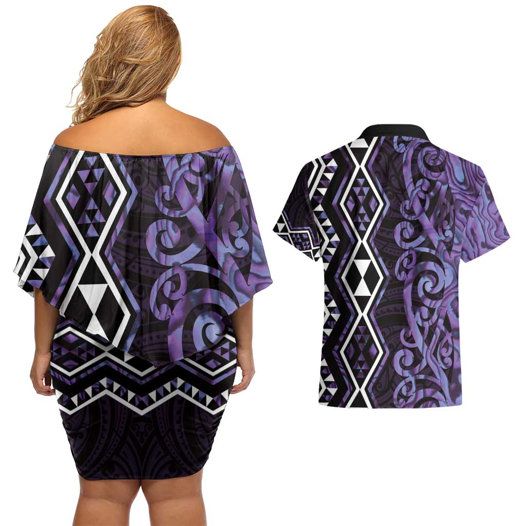 Purple Aotearoa Couples Matching Off Shoulder Short Dress and Hawaiian Shirt Taniko Motifs With Paua Shell Kowhaiwhai