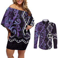 Purple Aotearoa Couples Matching Off Shoulder Short Dress and Long Sleeve Button Shirt Taniko Motifs With Paua Shell Kowhaiwhai