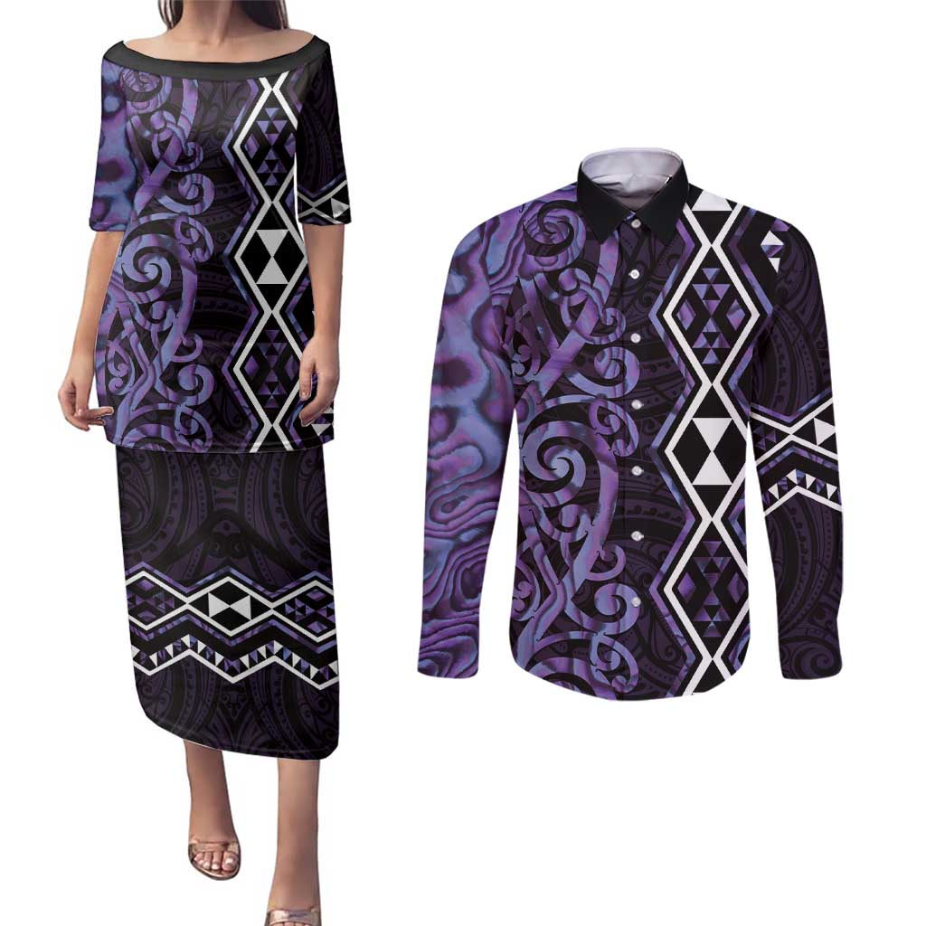 Purple Aotearoa Couples Matching Puletasi and Long Sleeve Button Shirt Taniko Motifs With Paua Shell Kowhaiwhai