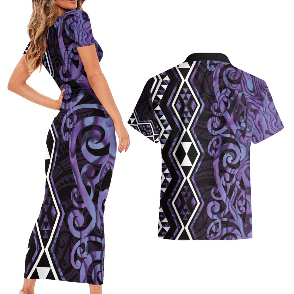 Purple Aotearoa Couples Matching Short Sleeve Bodycon Dress and Hawaiian Shirt Taniko Motifs With Paua Shell Kowhaiwhai