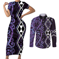 Purple Aotearoa Couples Matching Short Sleeve Bodycon Dress and Long Sleeve Button Shirt Taniko Motifs With Paua Shell Kowhaiwhai