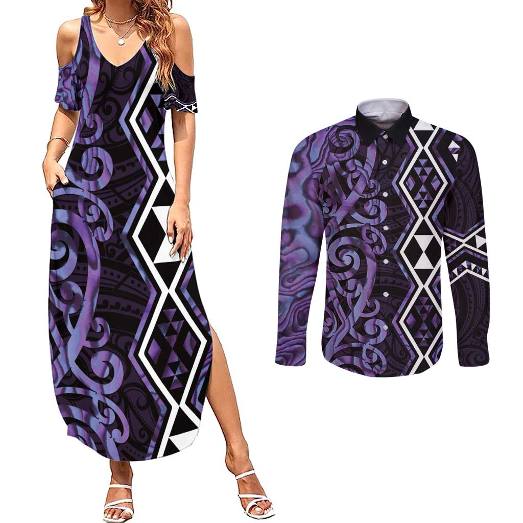Purple Aotearoa Couples Matching Summer Maxi Dress and Long Sleeve Button Shirt Taniko Motifs With Paua Shell Kowhaiwhai