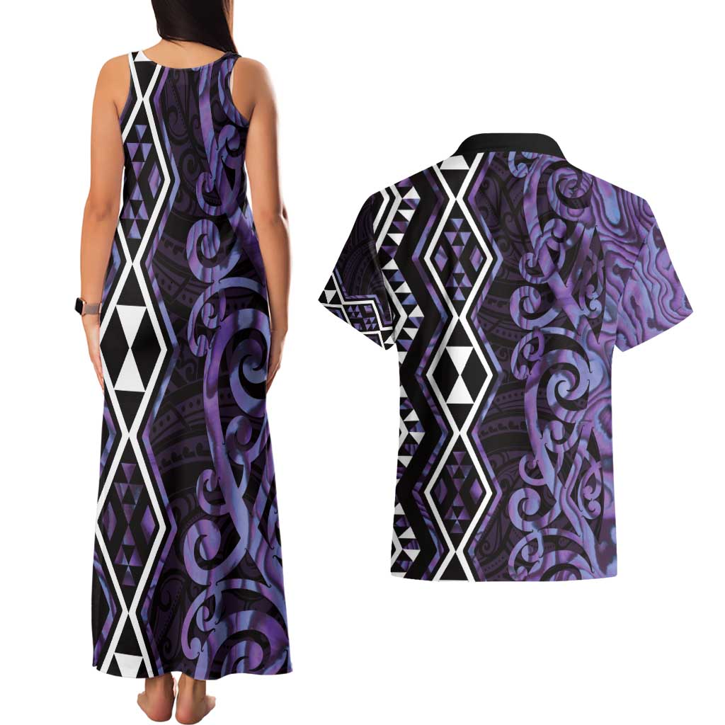 Purple Aotearoa Couples Matching Tank Maxi Dress and Hawaiian Shirt Taniko Motifs With Paua Shell Kowhaiwhai