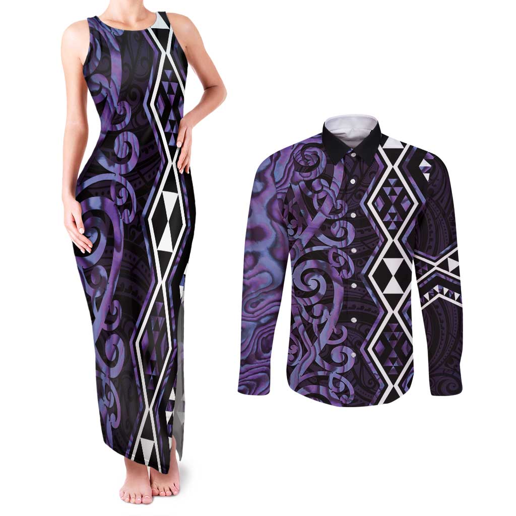 Purple Aotearoa Couples Matching Tank Maxi Dress and Long Sleeve Button Shirt Taniko Motifs With Paua Shell Kowhaiwhai