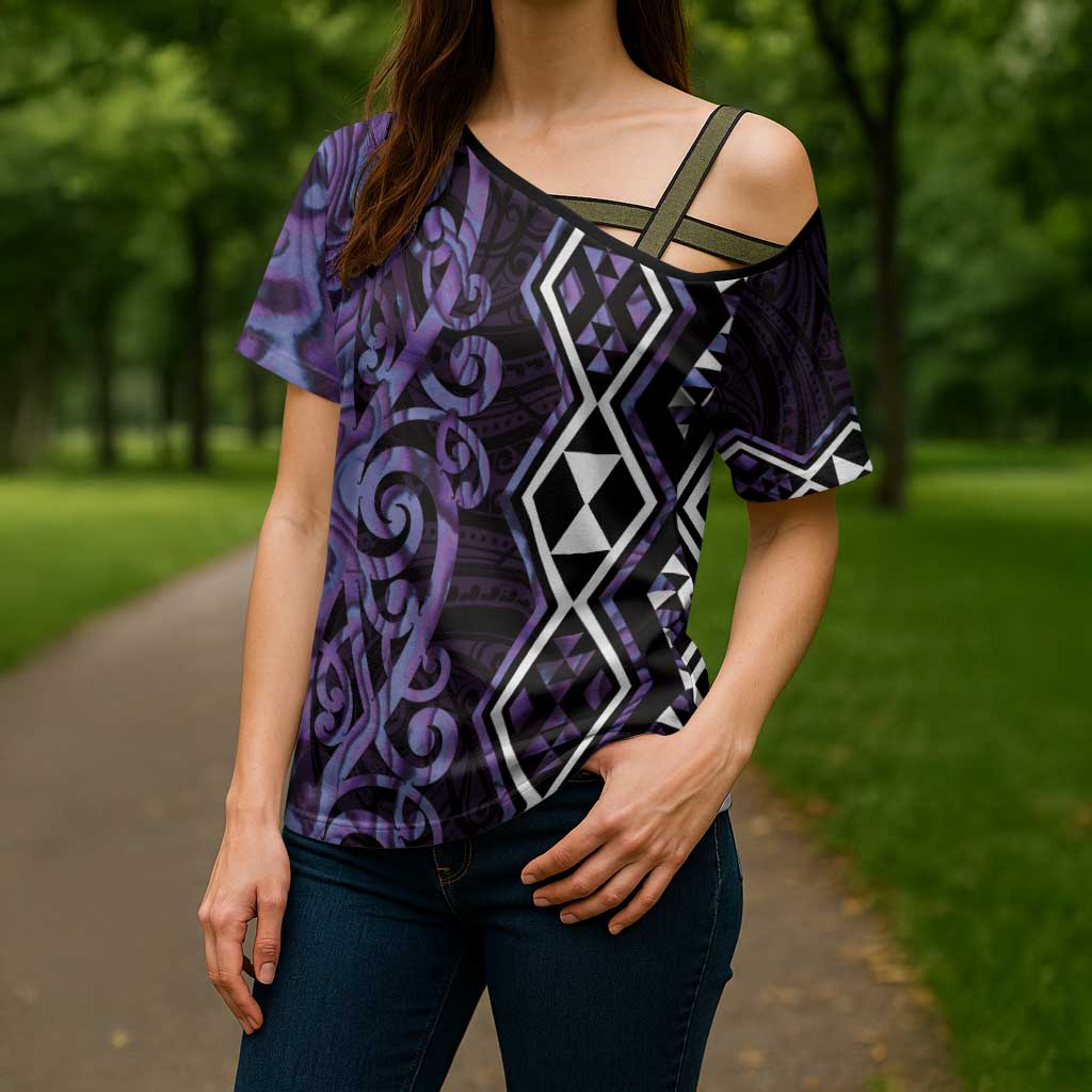 Purple Aotearoa Cross Shoulder Shirt Taniko Motifs With Paua Shell Kowhaiwhai - Polynesian Pride