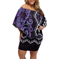 Purple Aotearoa Family Matching Off Shoulder Short Dress and Hawaiian Shirt Taniko Motifs With Paua Shell Kowhaiwhai