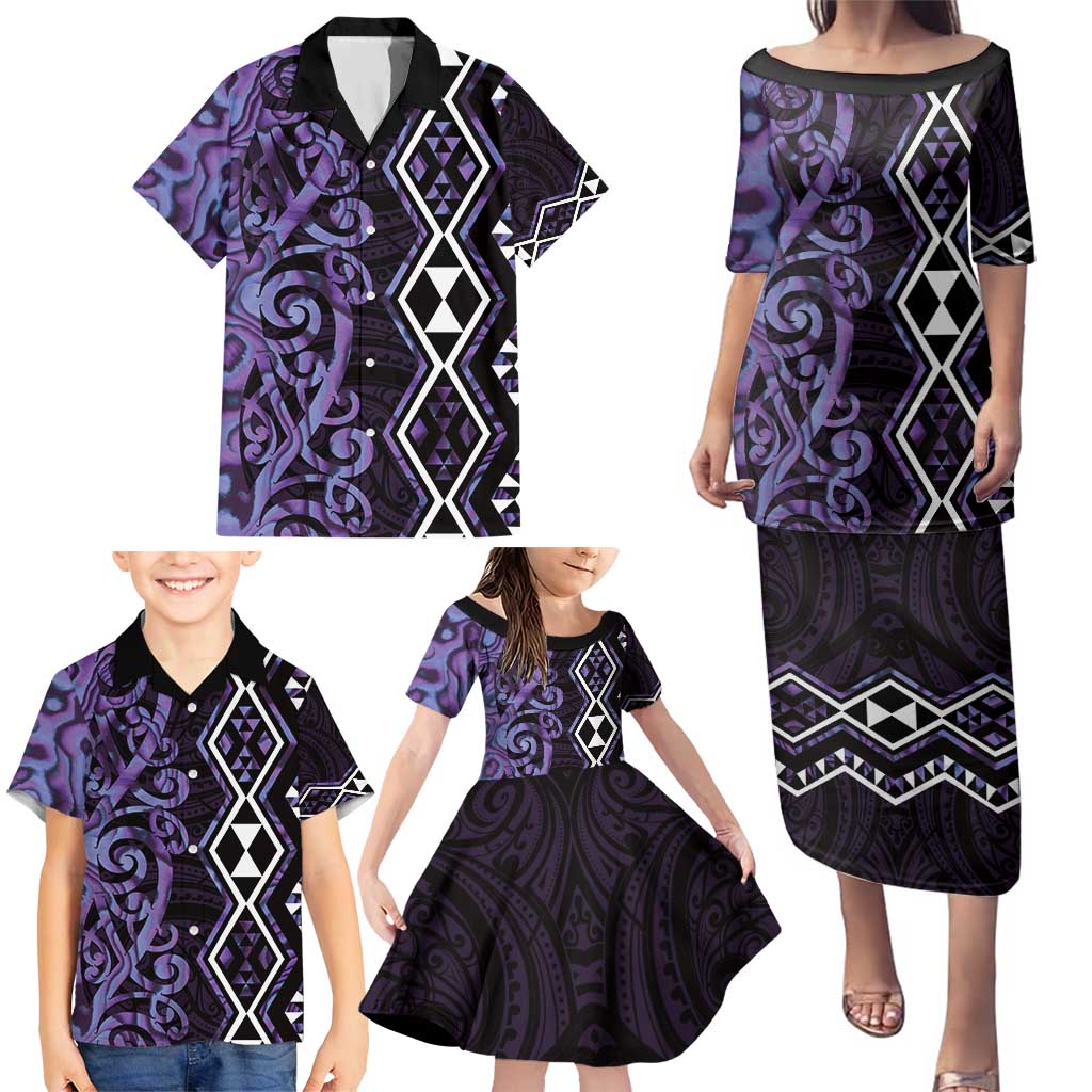 Purple Aotearoa Family Matching Puletasi and Hawaiian Shirt Taniko Motifs With Paua Shell Kowhaiwhai