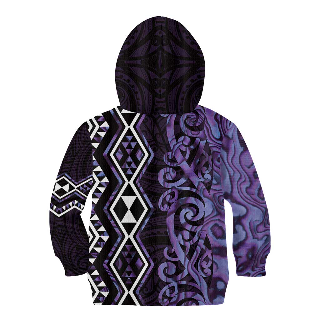 Purple Aotearoa Kid Hoodie Taniko Motifs With Paua Shell Kowhaiwhai