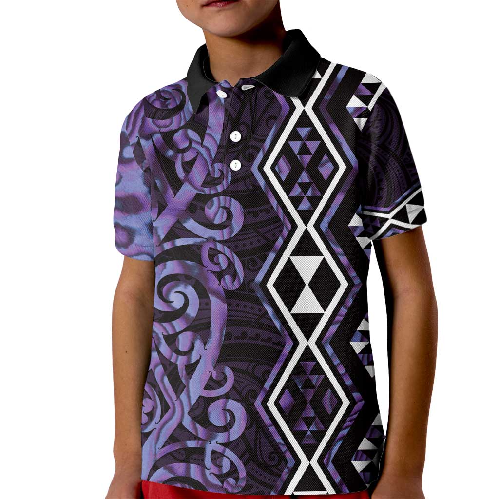 Purple Aotearoa Kid Polo Shirt Taniko Motifs With Paua Shell Kowhaiwhai