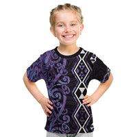 Purple Aotearoa Kid T Shirt Taniko Motifs With Paua Shell Kowhaiwhai
