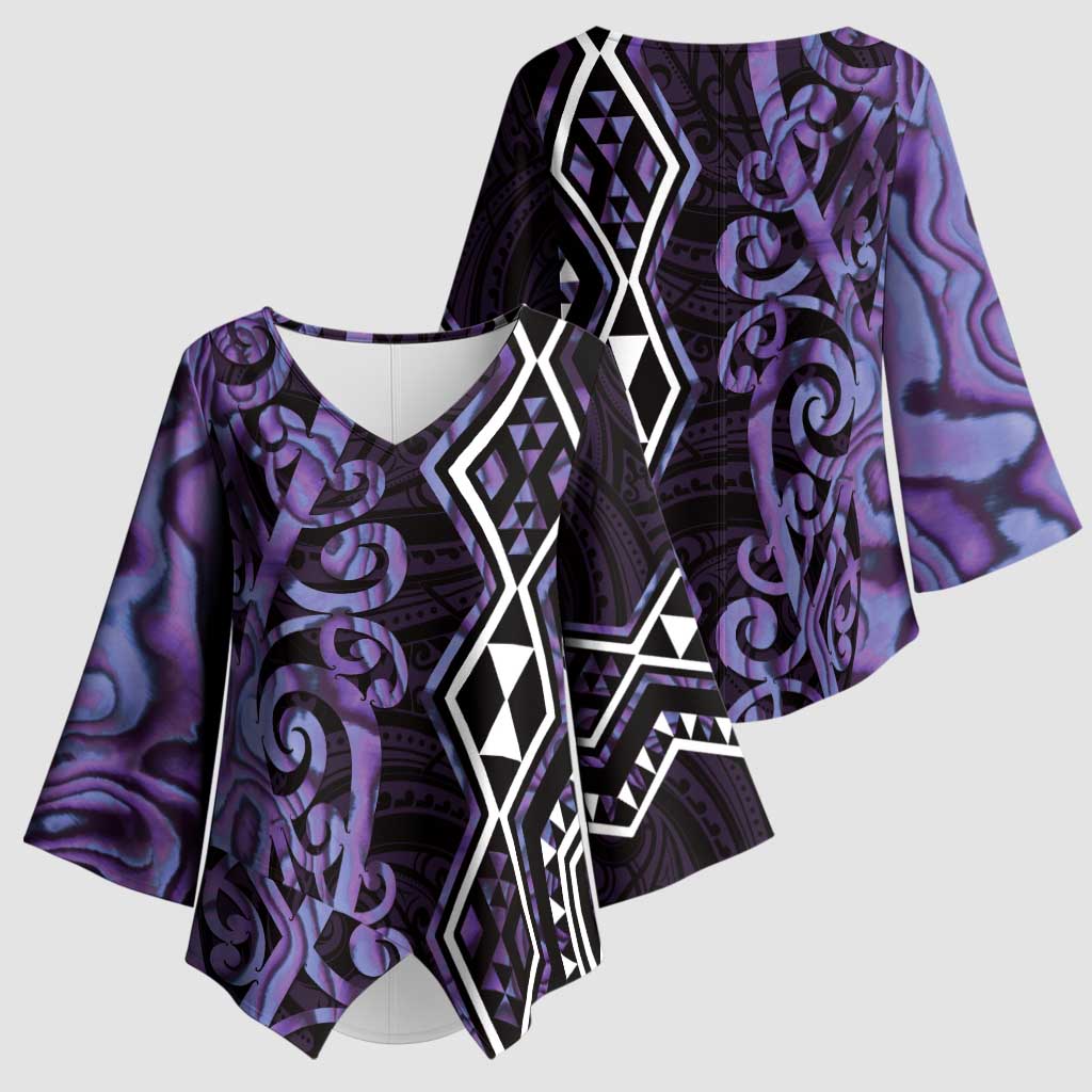 Purple Aotearoa Kimono Sleeve Blouse Taniko Motifs With Paua Shell Kowhaiwhai - Polynesian Pride