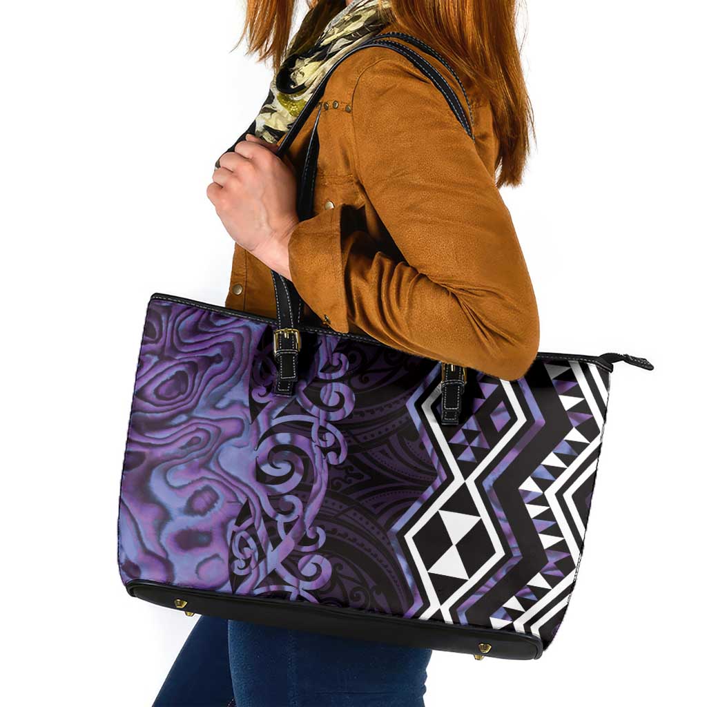 Purple Aotearoa Leather Tote Bag Taniko Motifs With Paua Shell Kowhaiwhai LT14 Purple - Polynesian Pride