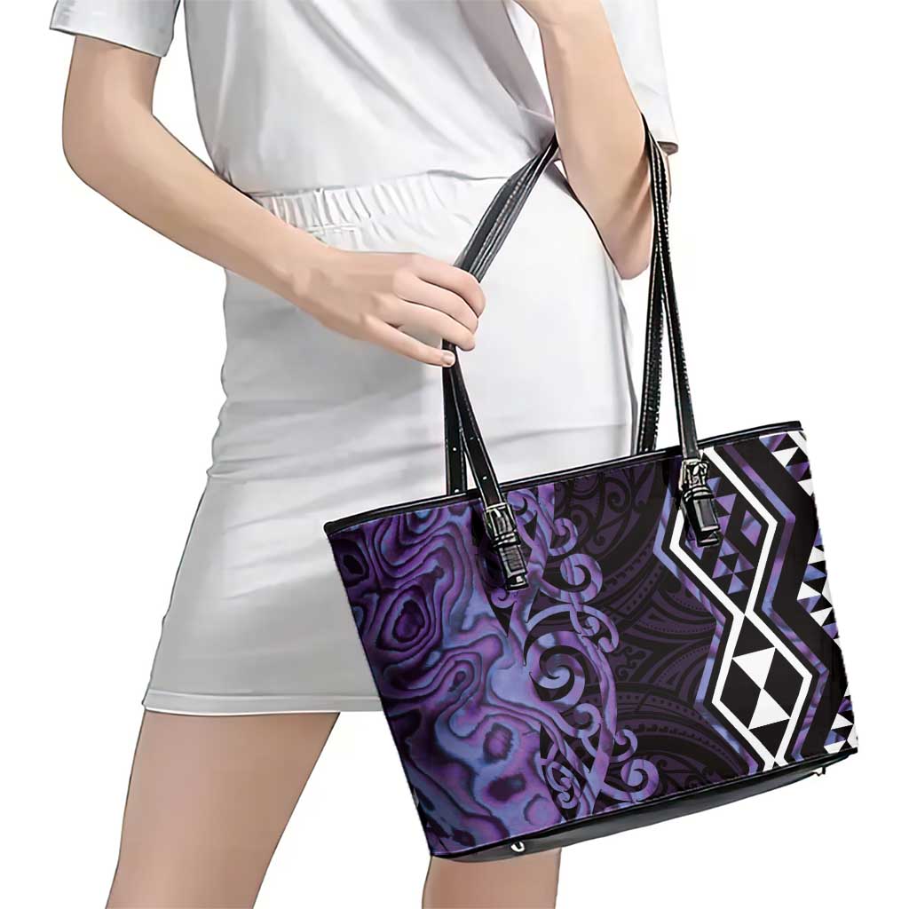 Purple Aotearoa Leather Tote Bag Taniko Motifs With Paua Shell Kowhaiwhai LT14 - Polynesian Pride