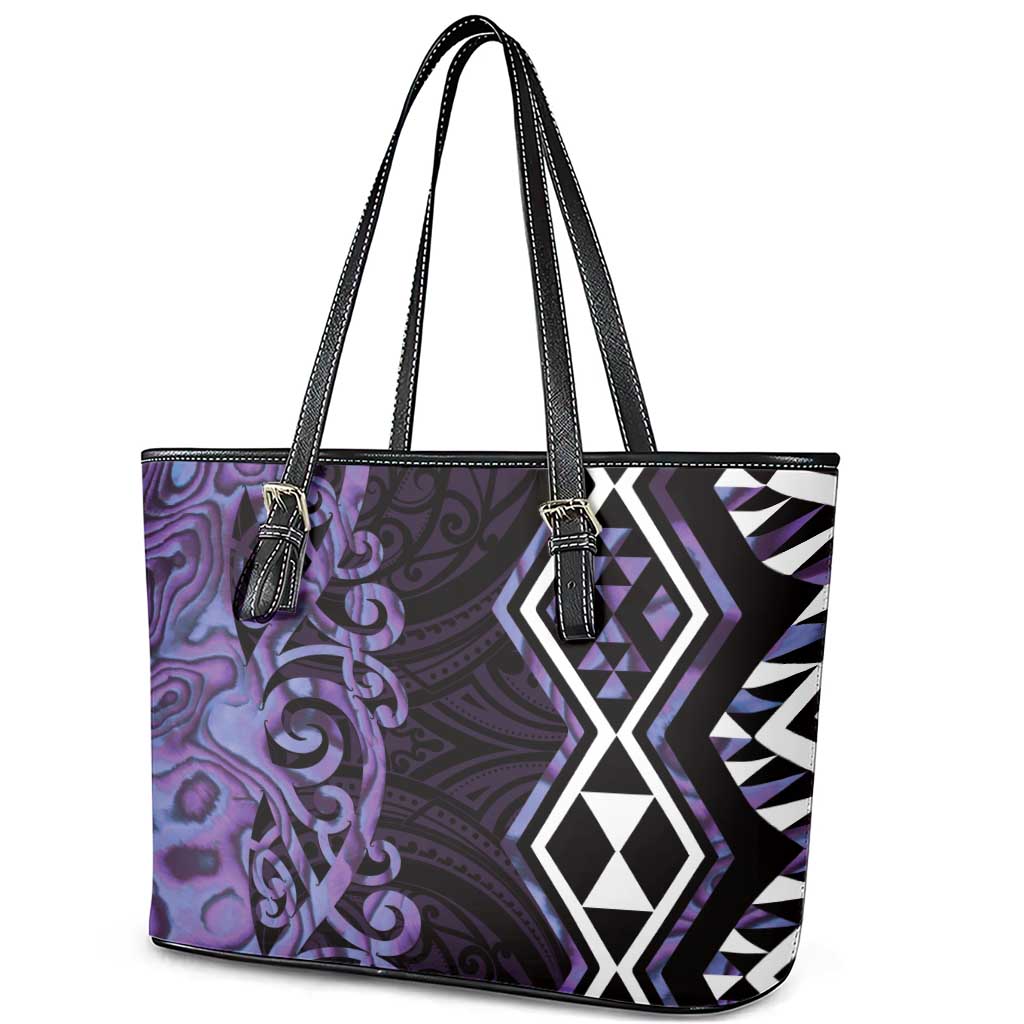 Purple Aotearoa Leather Tote Bag Taniko Motifs With Paua Shell Kowhaiwhai LT14 - Polynesian Pride