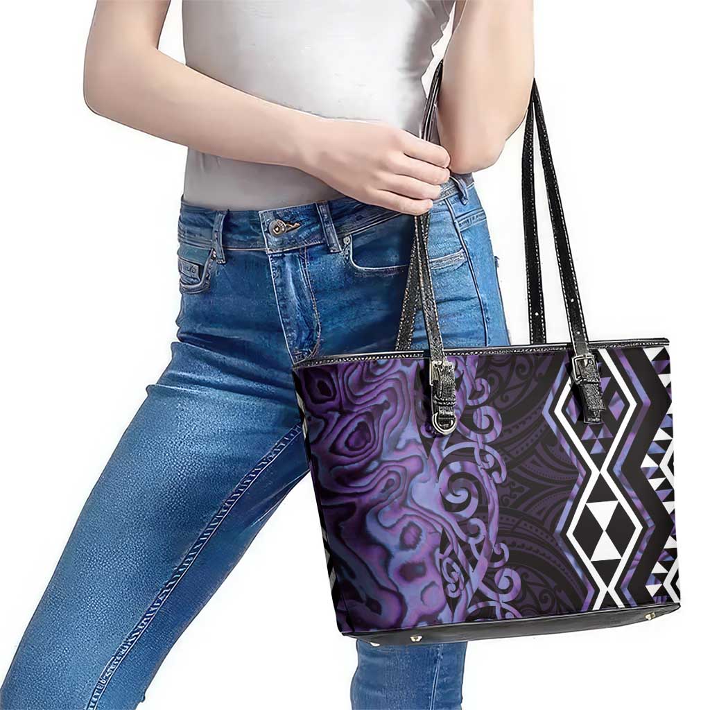 Purple Aotearoa Leather Tote Bag Taniko Motifs With Paua Shell Kowhaiwhai LT14 - Polynesian Pride