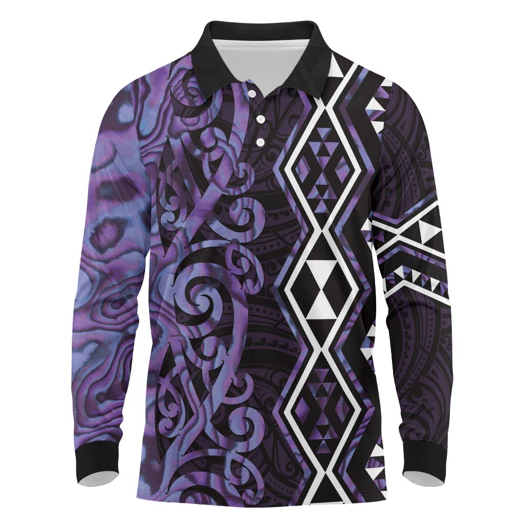 Purple Aotearoa Long Sleeve Polo Shirt Taniko Motifs With Paua Shell Kowhaiwhai