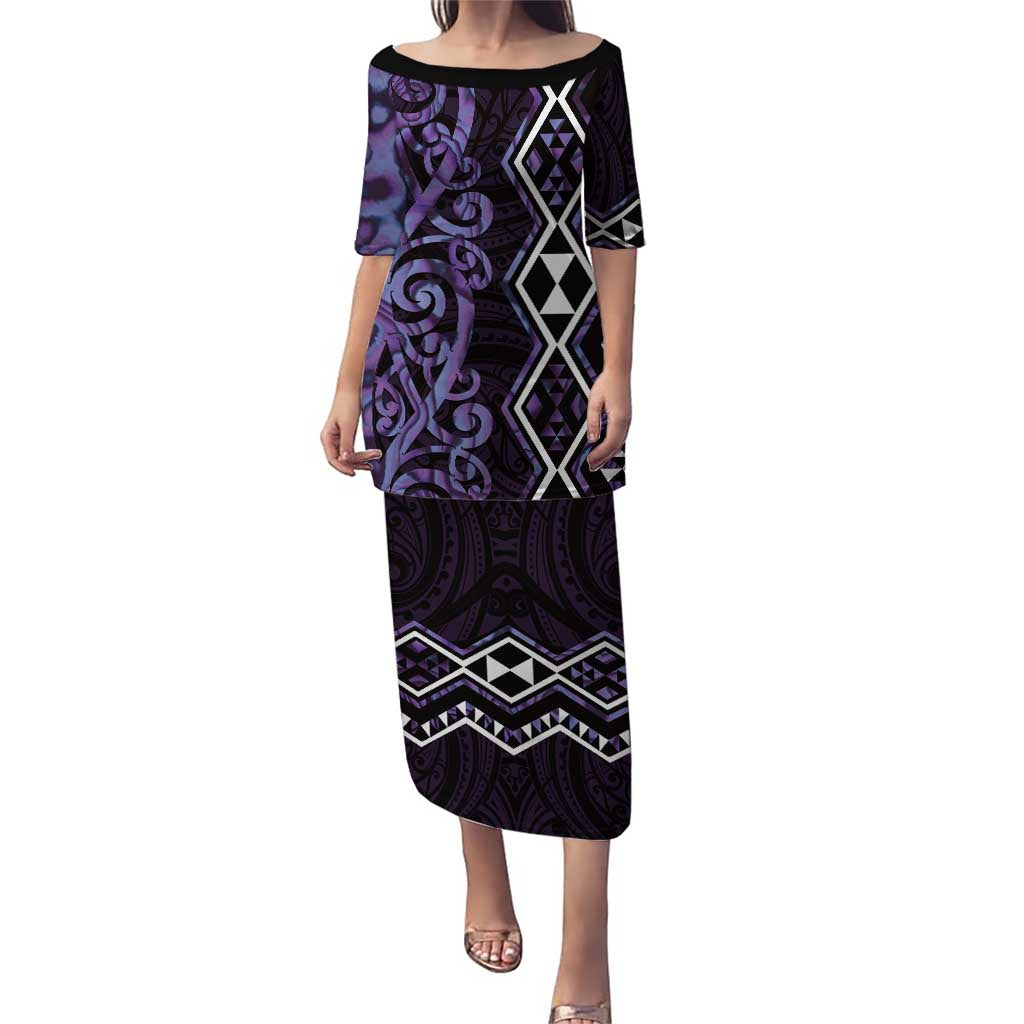 Purple Aotearoa Puletasi Taniko Motifs With Paua Shell Kowhaiwhai LT14 Long Dress Purple - Polynesian Pride