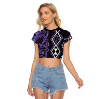 Purple Aotearoa Raglan Cropped T Shirt Taniko Motifs With Paua Shell Kowhaiwhai LT14 Female Purple - Polynesian Pride