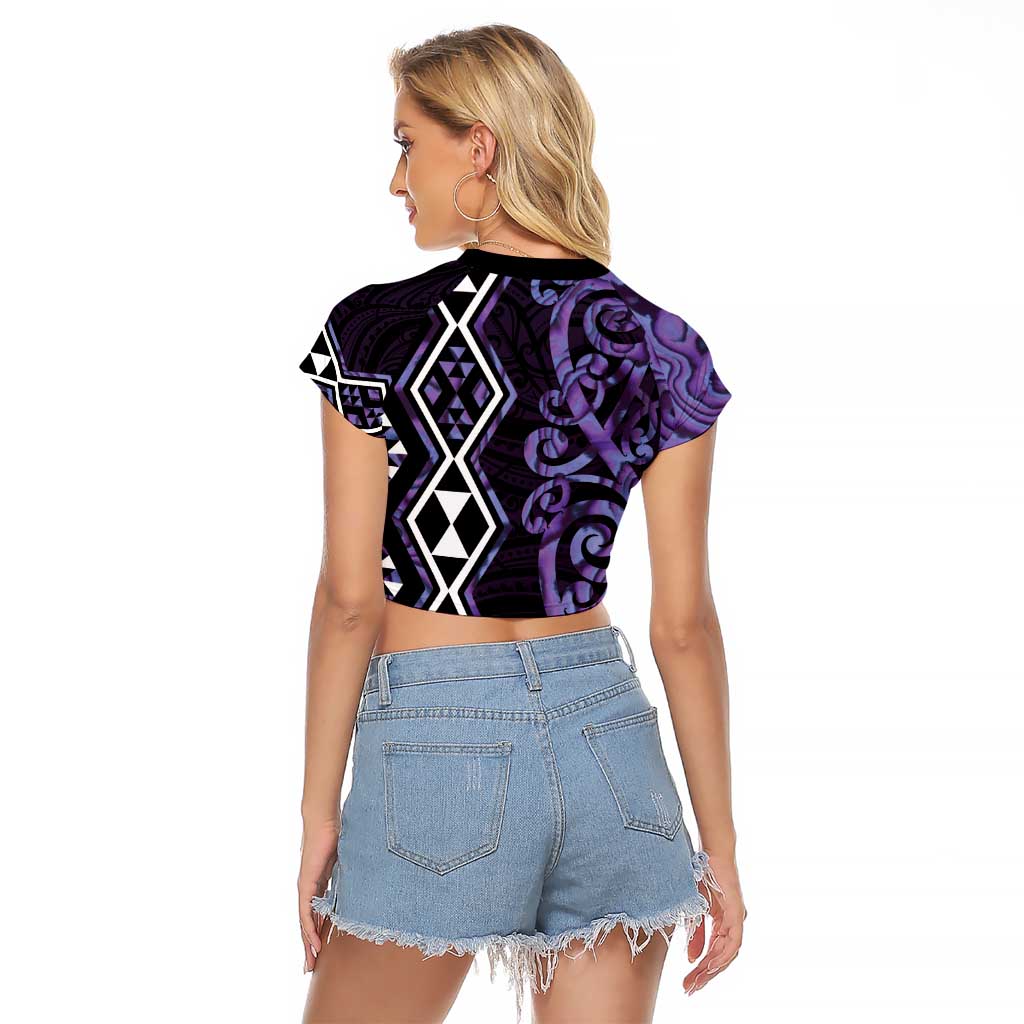 Purple Aotearoa Raglan Cropped T Shirt Taniko Motifs With Paua Shell Kowhaiwhai LT14 - Polynesian Pride