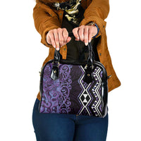 Purple Aotearoa Shoulder Handbag Taniko Motifs With Paua Shell Kowhaiwhai