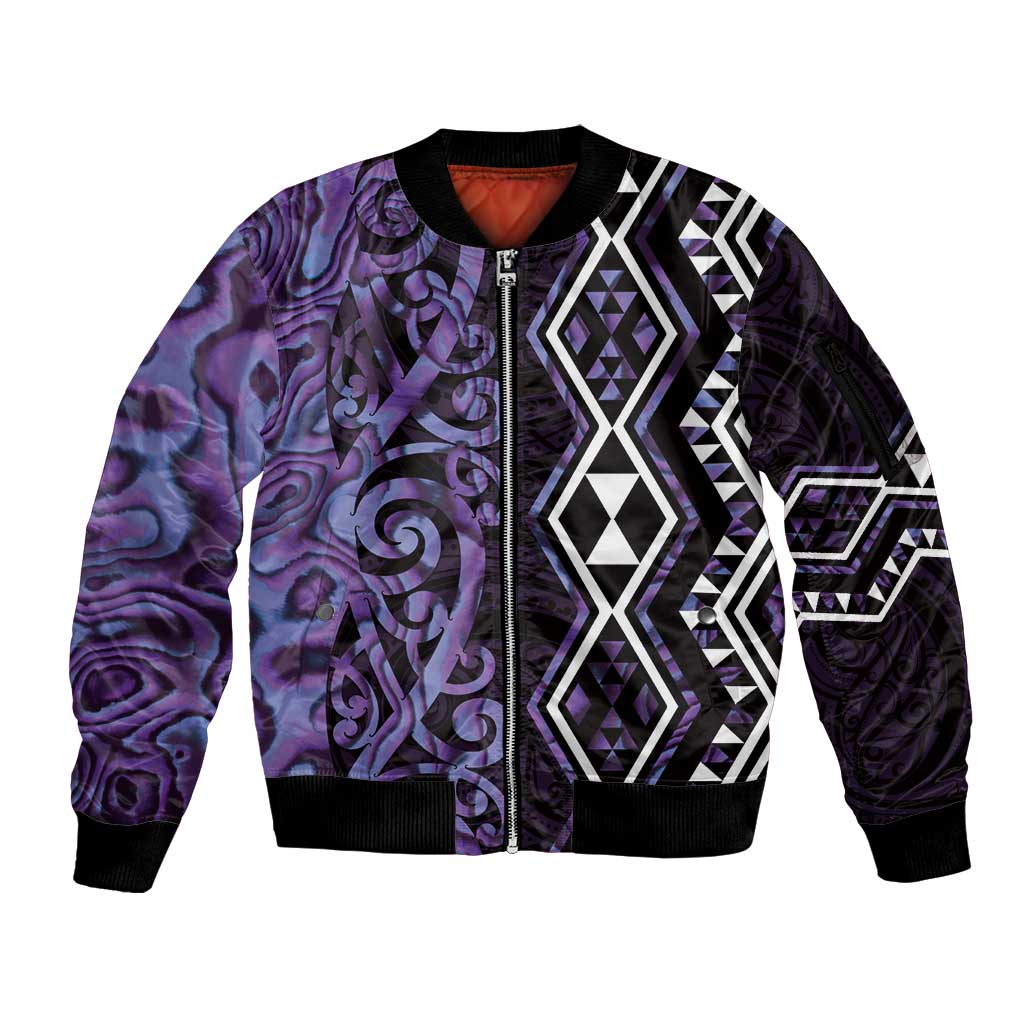 Purple Aotearoa Sleeve Zip Bomber Jacket Taniko Motifs With Paua Shell Kowhaiwhai