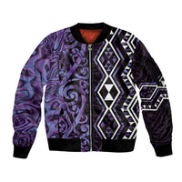 Purple Aotearoa Sleeve Zip Bomber Jacket Taniko Motifs With Paua Shell Kowhaiwhai