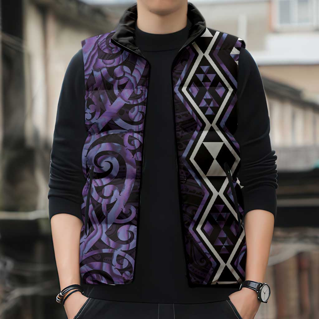 Purple Aotearoa Sleeveless Puffer Jacket Taniko Motifs With Paua Shell Kowhaiwhai - Polynesian Pride