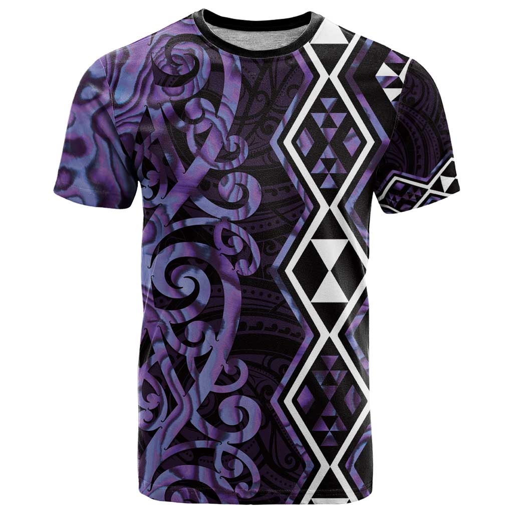 Purple Aotearoa T Shirt Taniko Motifs With Paua Shell Kowhaiwhai