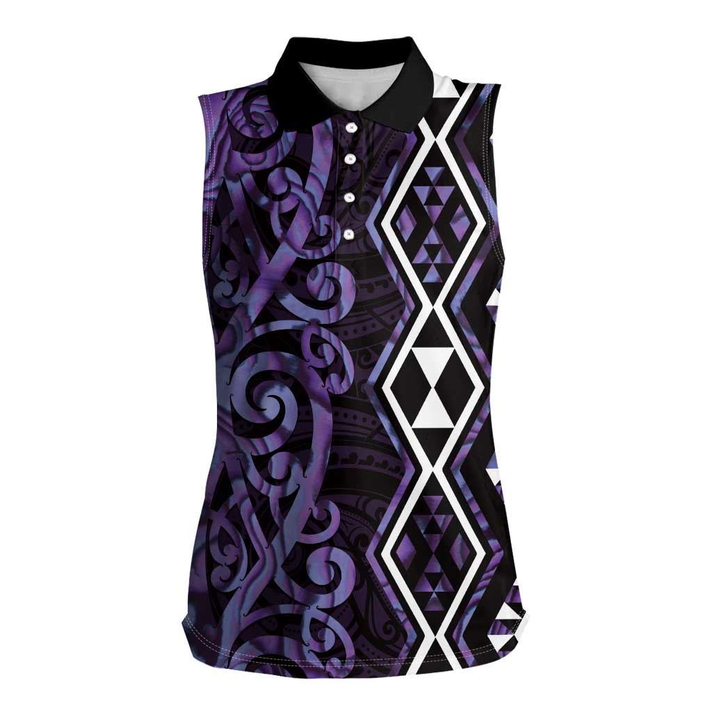 Purple Aotearoa Women Sleeveless Polo Shirt Taniko Motifs With Paua Shell Kowhaiwhai
