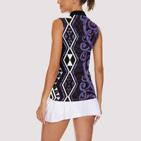 Purple Aotearoa Women Sleeveless Polo Shirt Taniko Motifs With Paua Shell Kowhaiwhai