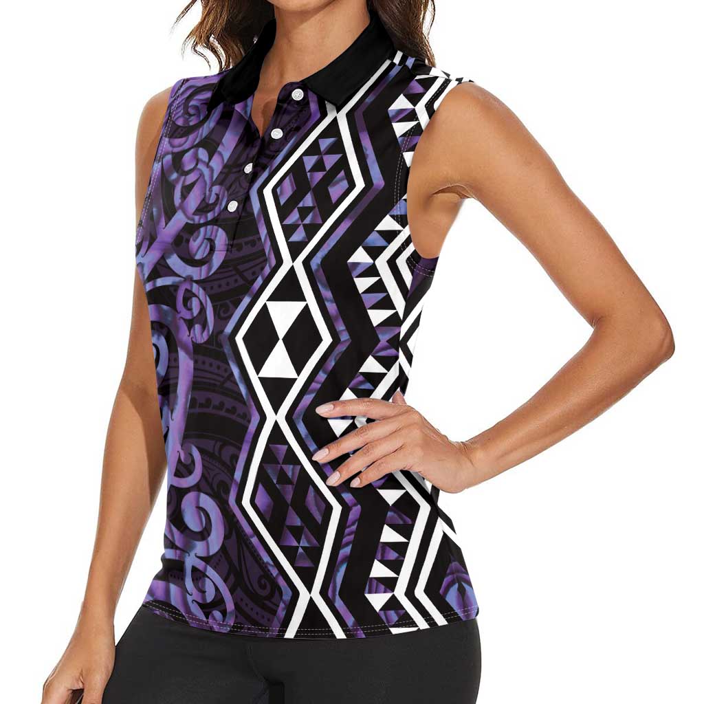 Purple Aotearoa Women Sleeveless Polo Shirt Taniko Motifs With Paua Shell Kowhaiwhai